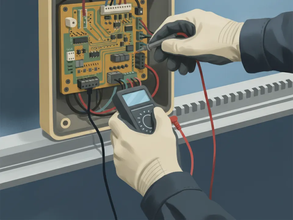 Ilustración de un técnico revisando la caja de control de un motor de portón corredizo